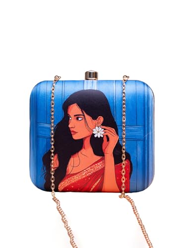 Image of Artklim Printed Box Clutch for Girls - Cross Body Purse with Detachable Golden Chain Strap