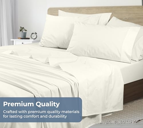 Image of ROYALE LINENS 100% Organic Cotton King Sheet Set - Percale Weave - 4 Pieces Set - 1 Flat, 1 Deep Pocket Fitted Sheet and 2 Pillowcases - Ivory Bed Sheets - Sabanas King - Crisp Cool (Ivory)