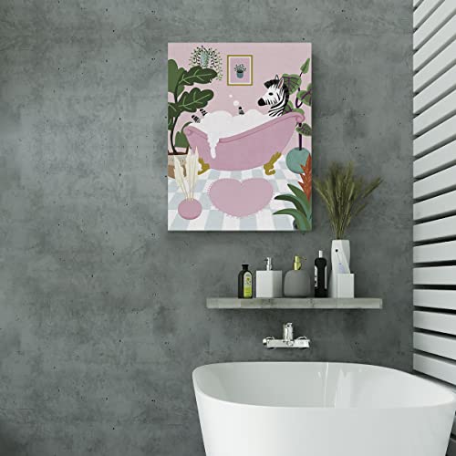 Zebra In Bathtub Canvas Poster Painting Bathroom Wall Art, Botanical Zebra Picture Artwork Framed Pink Print Ready To Hang For Restroom Toilet Wall Decor 12 X 15 Inch #TOP4