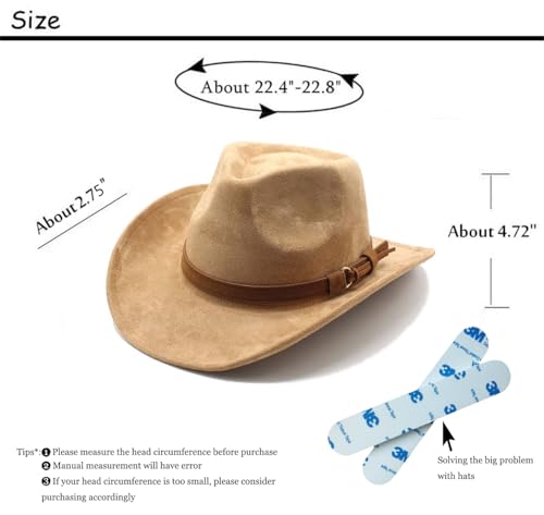 Image of Unisex Western Suede Cowboy Cowgirl Hat Classic Wide Brim Fedora Hat for Men &Women