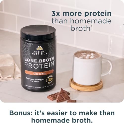 Image of Ancient Nutrition Protein Powder Made from Real Bone Broth, Chocolate, 20g Protein Per Serving, 20 Serving Tub, Gluten Free Hydrolyzed Collagen Peptides Supplement, Great in Protein Shakes