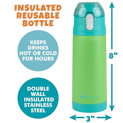 Image of Bentology Stainless Steel 13 Oz Reusable Water Bottle for Kids, Green | Double Wall Insulated, Spill Proof Lid W /Built-in Straw- Keep Liquids Hot or Cold- Easily Fits in Lunch Boxes & Bags