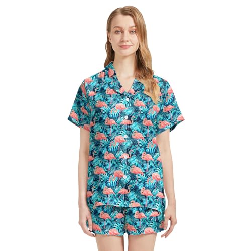 Image of Funny Satin Pajamas Set for Women Button Down Sleepwear Print Pjs Set 2 Piece Short Sleeve Loungewear Gift for Women