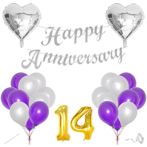 Image of Flyloons 14th Happy Anniversary Decoration Items Purple for Men Women Husband Wife Mom Dad Parent Couple Home Bedroom Car With 20 Pcs Metallic Balloons Anniversary Banner 2 Pcs Heart Set Kit