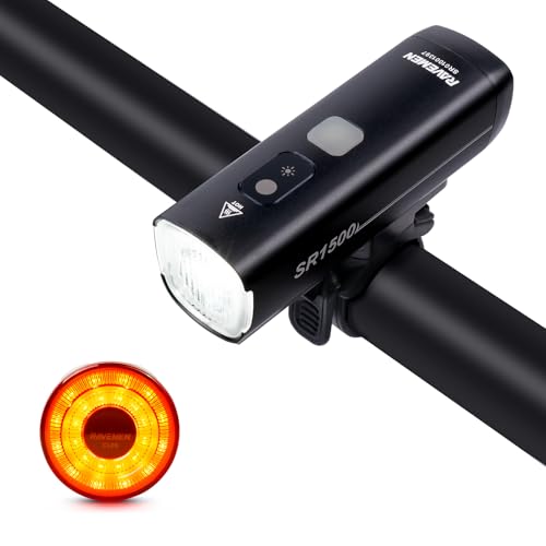 RAVEMEN SR1500 Bike Lights Set Front and Back,1500 Lumen Headlight and Smart Taillight Combinations USB C rechargeable for Road Mountain and Urban Cycling