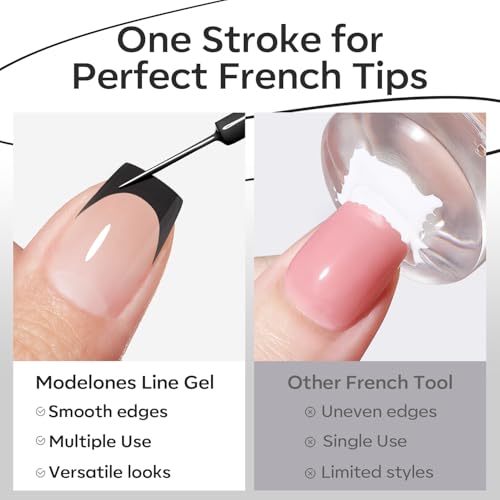 Image of modelones Black French Tip Liner Gel Polish 15ml Built-in Fine Brush | Classic All Black Nail Art Gel Paint Swirl Fine Line Design Easy Draw Long Lasting Soak Off U V Cure DIY Home Salon Manicure