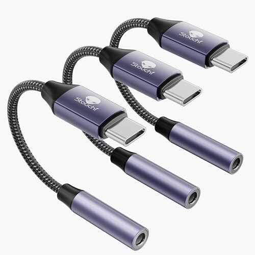 Stouchi USB C to 3.5mm Dongle Adapter (3 Packs) Type C Headphone Audio Jack Cable Cord Hi-Fi DAC Chip for iPhone 15, Pixel 8/7 /6, iPad, Samsung Galaxy S22 S21 Ultra Z Flip Note20- Grey