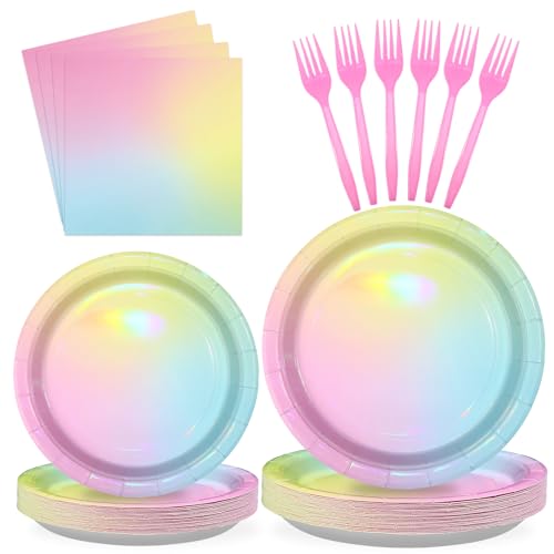 96Pcs Pastel Rainbow Birthday Party Supplies Iridescent Pastel Plates and Napkins Tableware Sets Rainbow Party Decorations for Girls Baby Shower Sprinkle Valentine's Day Party Favors Serves 24