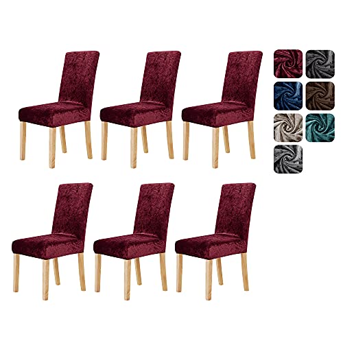 Image of Deconovo Velvet Chair Covers for Dining Chairs 6 Pcs, Stretch Removable Dining Chair Protector, Spandex Fabric Slipcovers for Hotel, Wedding, Home, Red