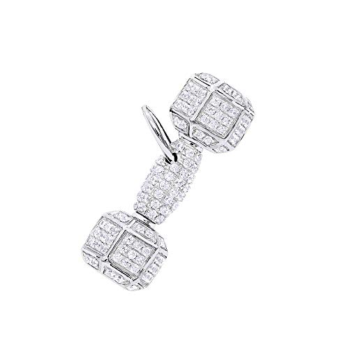Real 10K Gold Dumbbell Pendant Genuine Diamonds Charm Barbell Necklace 1.2Ctw (White Gold) #TOP11