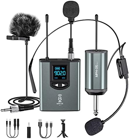 Wireless Microphone System Headset Mic/Stand Mic/Lavalier Lapel Mic with Rechargeable Bodypack Transmitter & Receiver 1/4" Output for iPhone, PA Speaker, DSLR Camera, Recording, Teaching, Church, Vlog