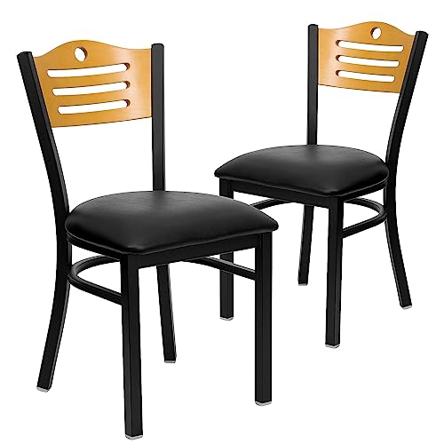 Image of Flash Furniture 2 Pack HERCULES Series Black Slat Back Metal Restaurant Chair - Natural Wood Back, Black Vinyl Seat