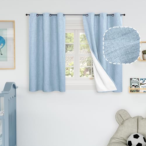Baby Blue Linen Blackout Curtains for Nursery 40 Inch Length 2 Panels, Short Thermal Insulated Boho Total Black Out Noise Reducing Small Window...