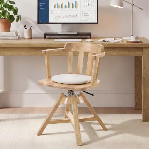 Image of Zesthouse Solid Wood Home Office Desk Chair with Arm, Vintage Office Chair with Adjustable Height, Heavy Duty Desk Chair with Cushion & Slatted Back, Swivel Computer Task Chair No Wheel Raw Wood Color