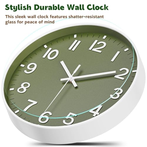 Silent Wall Clock Non-Ticking Battery Operated – Modern Olive Green Analog Wall Clock for Living Room, Kitchen, Office, Bedroom – Stylish Home Wall Decor Clock, 8 Inch - Image 6