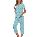 Womens Pajama Sets with Capri Pants, Short Sleeve Soft Cotton Blend Lounge PJs Sets V Neck 2 Piece Green Star L
