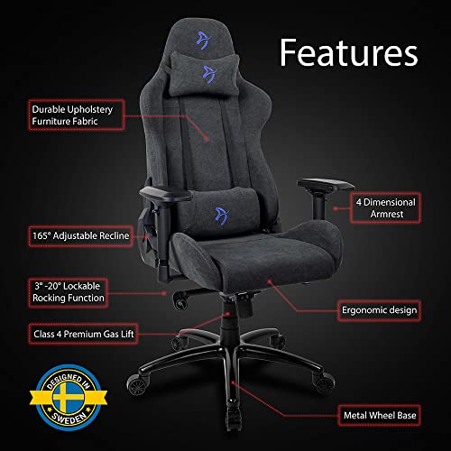 Arozzi Verona Signature Premium Upholstery Soft Fabric Ergonomic Computer Gaming Chair Office Chair With Recliner Swivel Tilt Rocker 4D Armrests Neck And Lumbar Pillows - Dark Grey With Blue Accents #TOP5