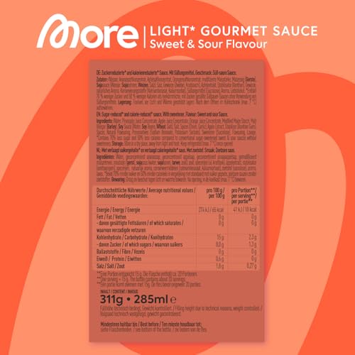 MORE NUTRITION Light Gourmet Sauce, 285ml - Sweet and Sour, kalorienreduzierte Sauce, ohne Zuckerzusatz und unnötigem Fett