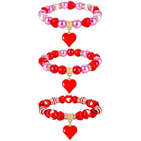 XOCARTIGE 3PCS Valentine’s Day Bracelets Red Heart Charms Bracelets for Women Crystal Pearl Beaded Stretch Bracelet Set Festive Birthday Party Gifts (3PCS Red Bracelets) Cover