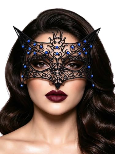 Tgirls Rhinestone Masquerade Mask Crystal Lace Mask for Women Costume Face Masks for Party Fox Shape Eye Mask (Blue)