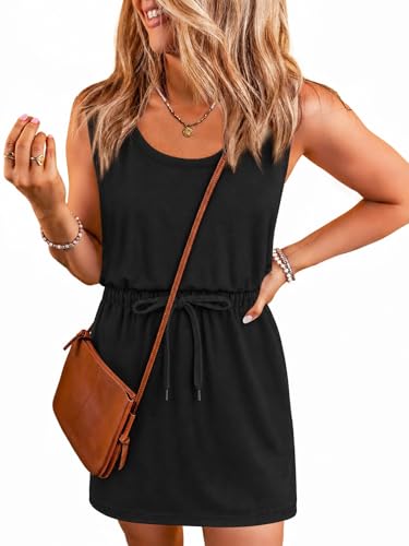 Image of Yousify Womens Summer Sleeveless Striped Dress Drawstring Waist Casual Tank Mini Dresses with Pockets