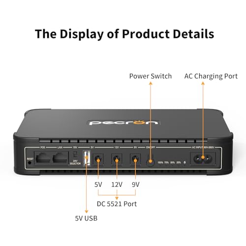 Image of PECRON D77 DC UPS Battery Backup, 76.96Wh Small UPS for WiFi Router /Modem /Security Camera /Phone, Uninterruptible Power Supply with PoE Port, 5V /9V /12V DC5521 Port, 5V USB-A