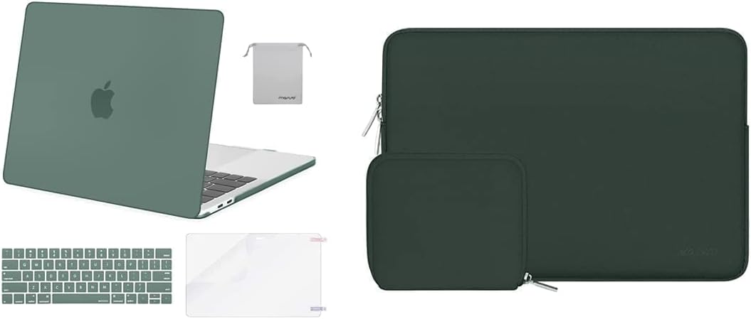 MOSISO Compatible with MacBook Pro 13 inch Case 2016-2020 A2338 M1 A2289 A2251 A2159 A1989 A1706 A1708,Plastic Case&Neoprene Bag with Small Case&Keyboard Skin&Screen Protector&Pouch, Midnight Green