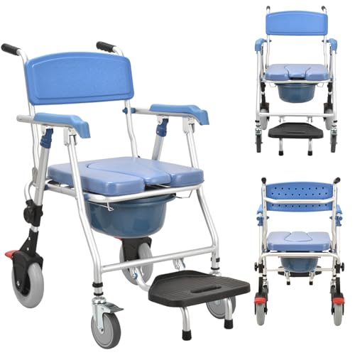 vanenferse Sedia WC per Anziani, 3-in-1 Sedia da Doccia Toilette E Rotelle Pieghevole con Ruote, Sedia WC Comoda per Anziani Disabili E Donne Incinte, Sedia per Doccia con Poggiapiedi Pieghevole