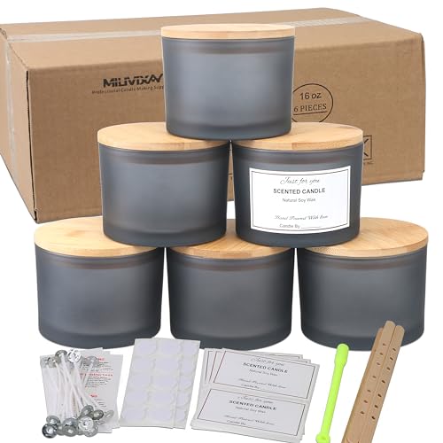 MILIVIXAY Paquete de 6 Tarros de Vela de 16 Onzas Con Tapas de Bambú y Kits de Fabricación, 3 Mechas, Vidrio Grueso Gris Esmerilado Vacíos a Granel Para Hacer Velas