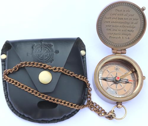 Brújula de bolsillo vintage de bronce con funda de cuero miniatura 4