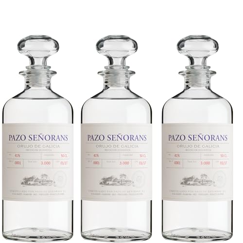 Pazo de Señorans - Aguardiente de Orujo | 100 % Albariño | Doble destilación tradicional | 41 % vol. | Cristalino, sedoso y aromático - 3 Botellas 50cl