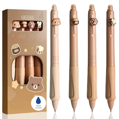 Lot de 4 stylos effaçables : ours, abeille, patte de miel, boule bille, bleu 0,5 mm