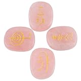 Rockcloud Healing Crystal Rose Quartz 4pcs Engraved Chakra Stones Palm Stone Reiki Balancing