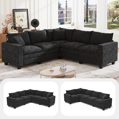 Image of 97 inch L Shaped Sectional Couch, Comfy Chenille Cloud Couch, 5 Seat Modular Cloud Sofa with 2 Pillows & Storage Armrests, Convertible V Shaped Corner Couch, Sectional Couches for Living Room, Black