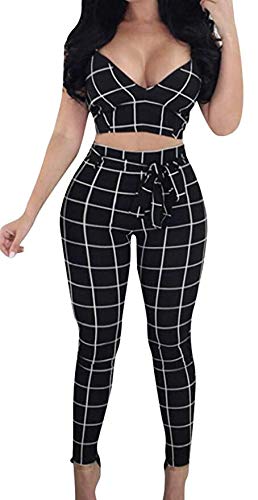 Women's Black White Checked Cotton Pants with Belt