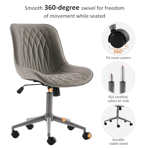 Image of YOUNIKE Faux Leather Office Desk Chair Comfy Vanity Chair Armless Grey | Ergonomic Upholstered Rocking Back, Swivel with Wheels, Height Adjustable, Modern Task Chair For Computer Sewing Drafting