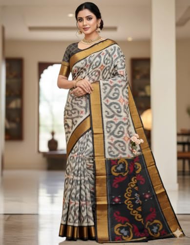 Image of AYYAPPASILK Women's Exclusive Ikkat Silk Saree for Designer Border with Contrast Blouse