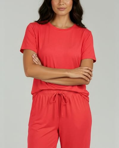 Image of Real Essentials 2 Pack: Womens Pajamas Short Sleeve Sleepwear Tops and Capri Pants Pjs Print Pajama Sets (Available In Plus)