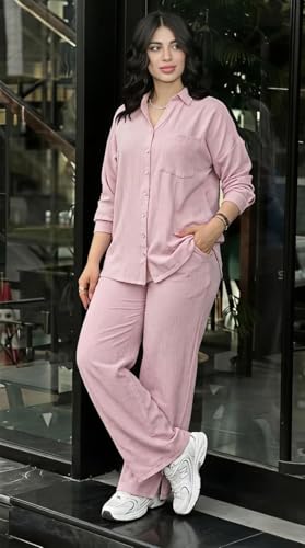Image of Women's Solid Color Two-Piece Set | Long Sleeve Top & Wide Leg Pants Co-ord Set | Casual Wear Co ord Set