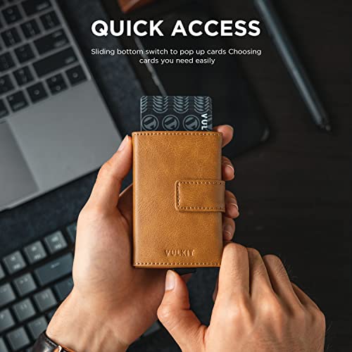Image of VULKIT Pop Up Wallet, Genuine Leather Automatic Credit Card Holder Wallet RFID Blocking Bifold Pocket Wallet with Banknote Slot for Women Men, Tan, Standard, Minimalist
