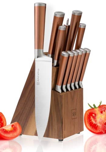 Copper Knife Set with Walnut Block – 13-Piece Premium Stainless Steel Knives for Kitchen with Rose Gold Handle – Stylish Copper and Rose Gold Kitchen Accessories
