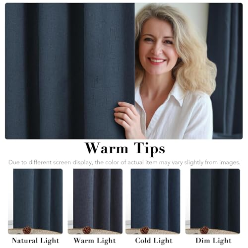 Image of H.VERSAILTEX Linen Curtains 100% Blackout Curtains for Bedroom 90 inch Long Full Light Blocking Nature Linen Blended Window Curtains for Living Room Nickel Grommet (2 Panels, Navy)