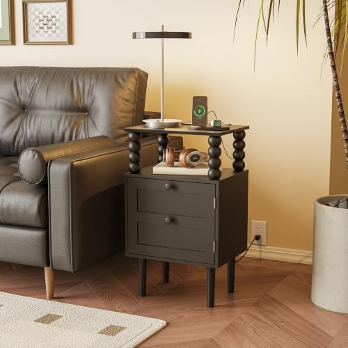 Image of Black Nightstand with Outlet,Storage Drawer and Open Wood Shelf,Wood Legs | Mid-Century Modern Bedside Table for Bedroom and Small Spaces,Easy Assembly Solid Wood Legs
