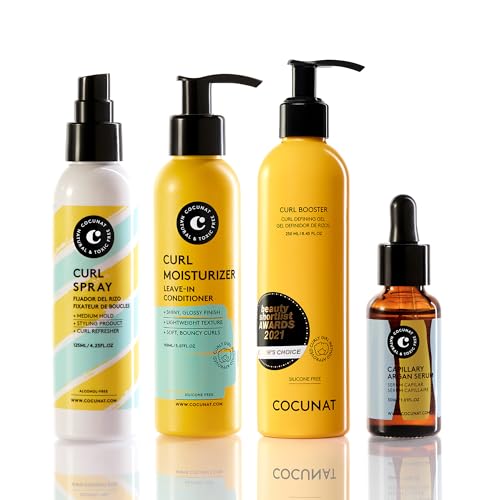 COCUNAT - Pack Esenciales para Rizos - Acondicionador Leave In + Gel Definidor + Sérum Capilar + Spray Fijador - Método Curly - Hidrata, Nutre, Define y Elimina Frizz - Sin Siliconas ni Parabenos