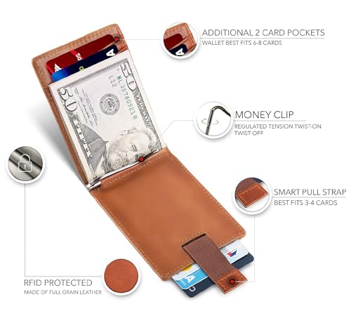 Image of Contacts Genuine Leather Money Clip Wallet Slim Front Pocket RFID Blocking Card Holder Minimalist Mini Bifold for Men's with Smart Pull Strap 8 Card Slots Photo ID (Temp)