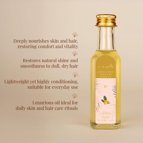 Image of CAMIA - Organic Moroccan Argan Oil for Skin & Hair | Premium Extra Virgin Cold Pressed Oil, 100% Natural | Argan Oil Improves Skin & Hair Elasticity & Provides Intense Hydration | 100 ML Glass Bottle
