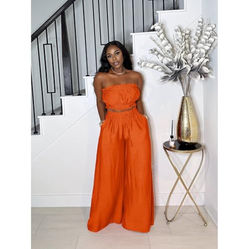 Image of Two Piece Sets for Women Summer Outfits Crop Tops and Wide Leg Pants Sets Sexy Jumpsuits Vacation Outfits with Pockets
