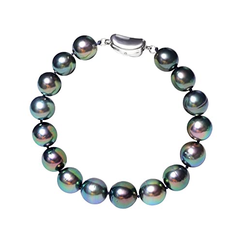Bracelet élastique Tahiti AA + perle naturelle vert paon - Boucle en argent 925 - Bijou fantaisie pour femme - Taille unique