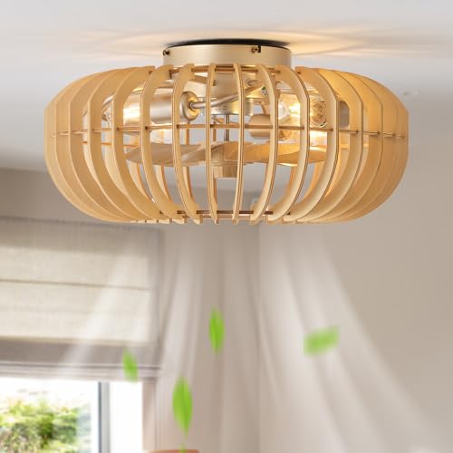 Image of 20 inch Wood Ceiling Fans with Lights Flush Mount, Caged Boho Ceiling Fan with Light Remote Control, Wooden Low Profile for Bedroom, Living Room, Nursery