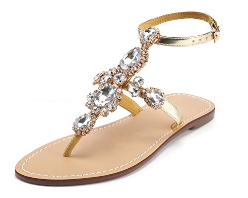Image of ZhuLinFeng Women'S Rhinestone Gladiator Sandals Flat Wedding Sandals Gem Pearl Sparkling Bridal Bridesmaid Sandals Blue Bohemian Sandals